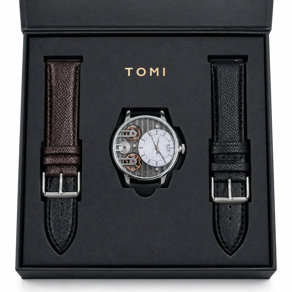TOMI Men’s Steampunk Gear Watch Gift Set – Industrial Skeleton Dial with Electric Blue Hands, Date Display & Interchangeable Dual Leather Straps