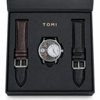 TOMI Men’s Steampunk Gear Watch Gift Set – Industrial Skeleton Dial with Electric Blue Hands, Date Display & Interchangeable Dual Leather Straps
