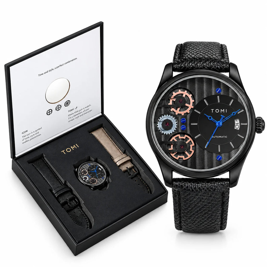 TOMI Men’s Steampunk Gear Watch Gift Set – Industrial Skeleton Dial with Electric Blue Hands, Date Display & Interchangeable Dual Leather Straps