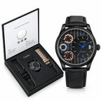 TOMI Men’s Steampunk Gear Watch Gift Set – Industrial Skeleton Dial with Electric Blue Hands, Date Display & Interchangeable Dual Leather Straps