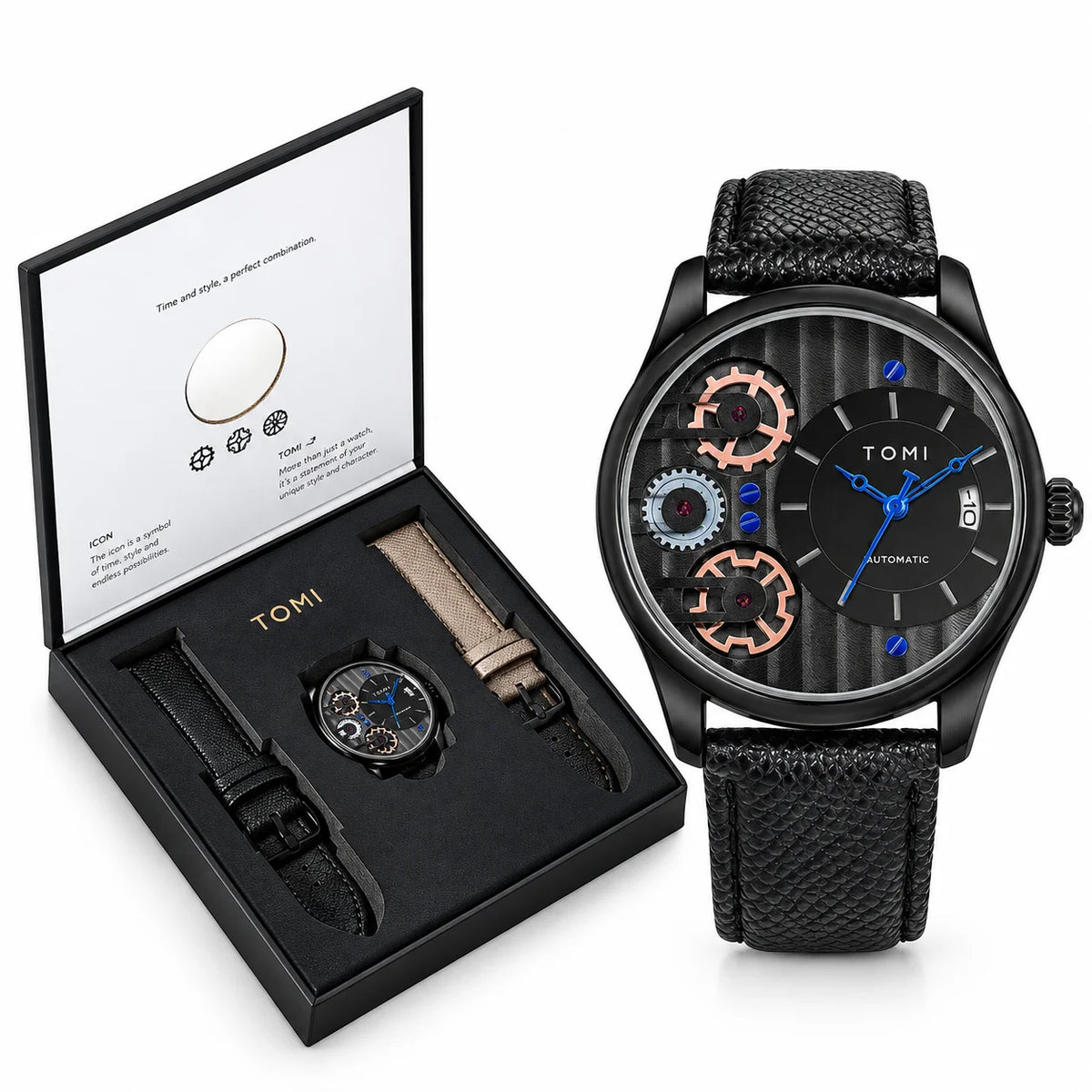TOMI Men’s Steampunk Gear Watch Gift Set – Industrial Skeleton Dial with Electric Blue Hands, Date Display & Interchangeable Dual Leather Straps