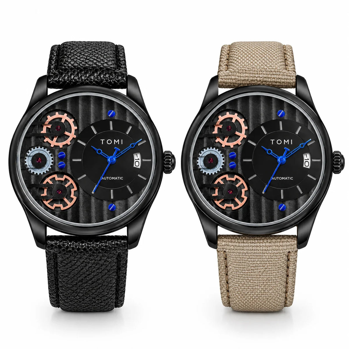 TOMI Men’s Steampunk Gear Watch Gift Set – Industrial Skeleton Dial with Electric Blue Hands, Date Display & Interchangeable Dual Leather Straps