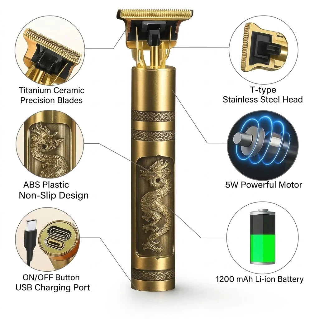 Professional Vintage T9 Trimmer for Men – Cordless Zero Gapped T-Blade Hair & Beard Clipper